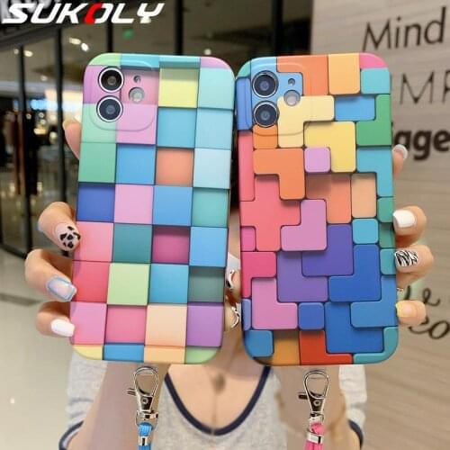 3D Color Block Soft TPU Case Lanyard Cover For iPhone 12 Pro Max 11 Pro Max 12 mini XR XS X 8 7 Plus Shockproof Case Cover Capa