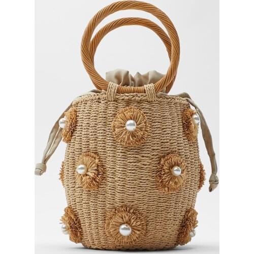 2021 New Flower Artificial Pearl Decoration Hand Basket Bag Woven Straw Handbag
