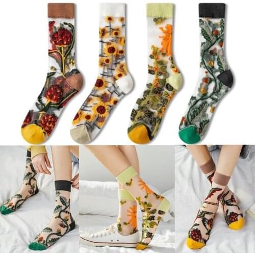 Creative Harajuku New Product Crystal Silk Tide Socks Funny Sunflowers Vines Flowers Happy Women Socks Casual High Quality Sox
