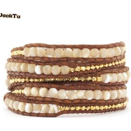 Wholesale white mother of pearl leather wrap bracelet