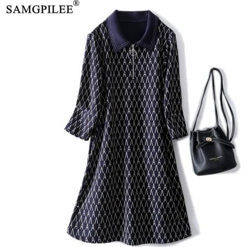 Casual Dresses For Women 2021 New Autumn Europe Station Polo Collar Zipper Drape Print Stretch Spring Party Dress Woman 4XL