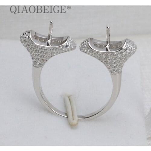QIAOBEIGE 2pcs Diy accessory 100% S925 sterling silver Ring with two pearls turquoise amber wax ring round pearl empty holder
