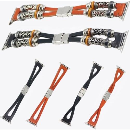 Folk Style Genuine Leather Strap for Apple Watch Series 1 2 3 4 5 Band Beads Bracelet for iWatch 38mm 40mm 42mm 44mm Watchbands