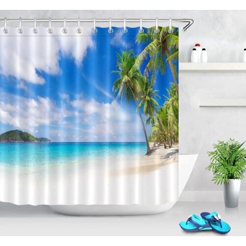 Tropical Plants Shower Curtains for Bathroom Waterproof Ocean Sunny Beach Shower Curtain Home Decor Sea Scenery Bath Curtains