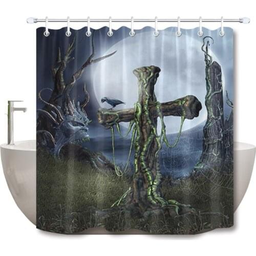 72'' Bathroom Waterproof Fabric Shower Curtain Polyester 12 Hooks Bath Accessory Set Crow On Wooden Cross Covered Vine Halloween