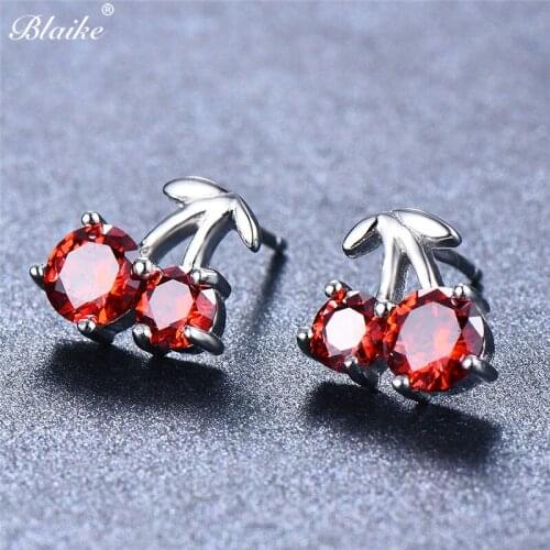Blaike 2018 Cute Korean Cherry Shape Red Zircon Stud Earring For Women 925 Sterling Silver Minimalist Christmas Valentine Gifts