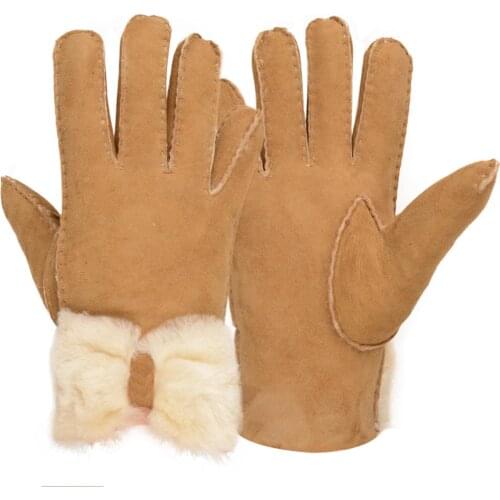 Women spanish merino sheepskin glove bowknot fashion winter warm