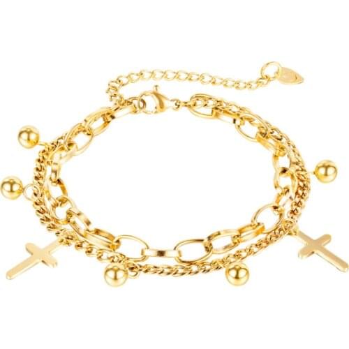 FAMI Double Layers Bracelets Cross titanium steel bracelet female wild double round bead stainless steel jewelry Charms