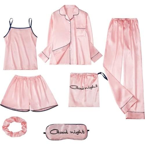 JULYS SONG 2020 New Faux Silk Women Pajamas Set 7 Pieces Stripes Dot Bow Printing Sleepwear Sets Spring Summer Autumn Homewear