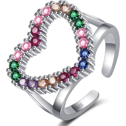 Creative Hollow Out Heart-shaped Colorful Crystal Women Ring Resizable Open Silver Color Ring Female Jewelry Accessories