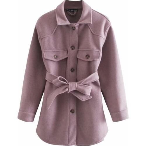 Fashion With Belt Loose Woolen Jacket Coat 2021 Women Vintage Long Sleeve Side Pockets Blouse Female Outerwear Chic Overcoat