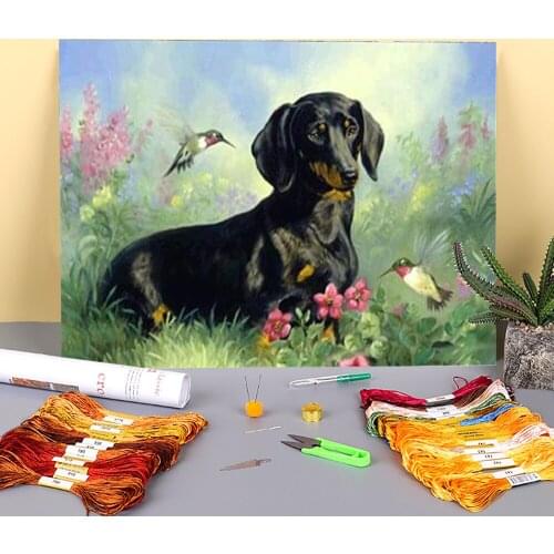 Animal Dog Dachshund Pre-Printed 11CT Cross Stitch Full Kit Embroidery DMC Threads Sewing Handiwork Knitting Painting Package