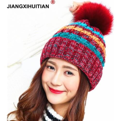 2017 real mink pom poms wool rabbit fur Super warmth knitted hat Skullies winter hat for women girls hat feminino beanies hat