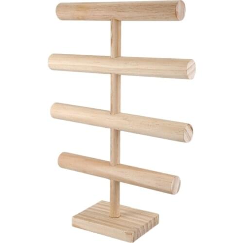 4 Tiers T-Bar Jewelry Stand Rack Solid Wooden Jewellery Display Holder for Bracelet Watch Bangle Hair Hoop