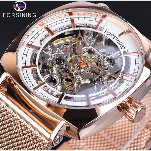Forsining Top Brand Luxury Man Clock Fashion Mens Watch Casual Waterproof Rose Gold Mesh Skeleton 2019 Mechanical Wristwatches