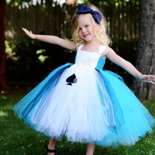 Alice In Wonderland Tutu Dress Girls White Black Ace Role Play Alice Costume Children Fluffy Birthday Halloween Outfit Clothes