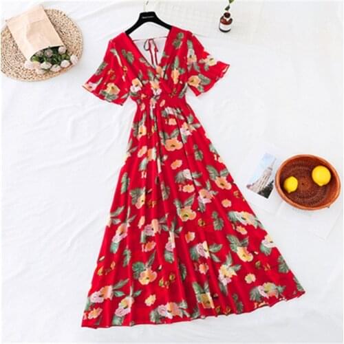 Big Size Summer Chiffon Long Dress Floral Sexy V-neck Ruffle Boho Dresses Elegant Women Party Short sleeve Dress Vestidos 94