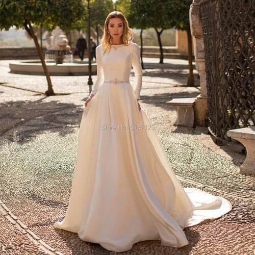 Elegant Satin Wedding Dresses with Long Sleeves Beading High Neck Crystals Belt V Back Court Train Bridal Gowns Married Dress