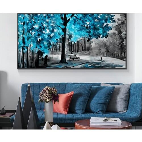 Modern Abstract Blue And Yellow Leaves Oil Painting Print On Canvas Nordic Poster Wall Art Picture For Living Room Home Decor