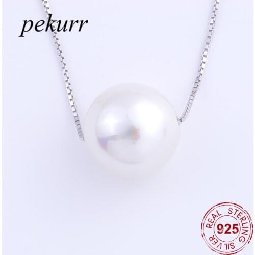 Pekurr 925 Sterling Silver 12mm Shine Round White Pearl Necklace For Women Fine Jewelry Box Chain Pendants