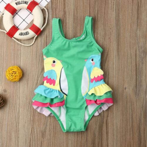 Newborn Baby Girls Cartoon Birds Swimsuit Ruffles Swimwear Bodysuit Bikini Summer Bathing Suits Sleeveless Beachwear 0-24M
