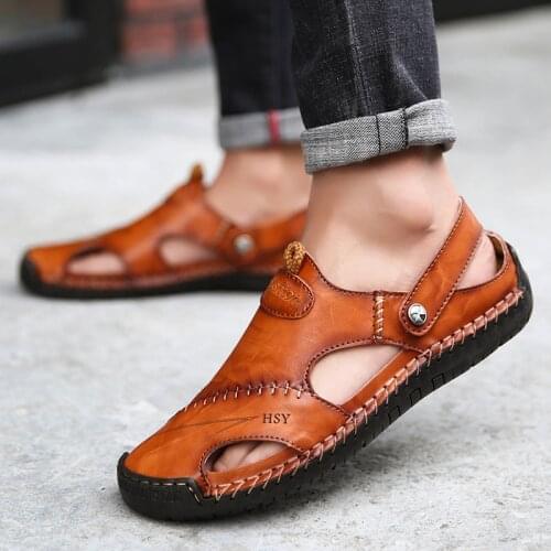 Summer Men Leather Sandals 2021 Big Size 48 Closed Toe Sandal Male Slippers Casual Breathable Man Roman Sandals sandalias hombre