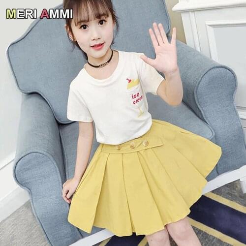 MERI AMMI 2 pcs Set Children Girl Clothing Outfit Set Short Sleeve IceCream Print Tee + Pleated skirt Pants for 4-13 Year Girl