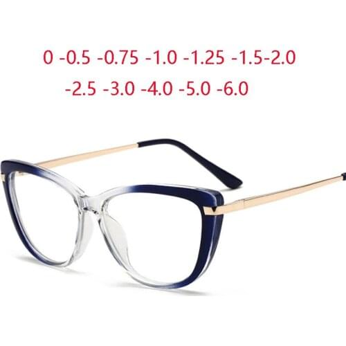 Luxury Double Colors Cat Eye Glasses Prescription Anti-blue Light Lens Spring Leg Optical Myopia Spectacle -0.5 -0.75 -1.0 To -6