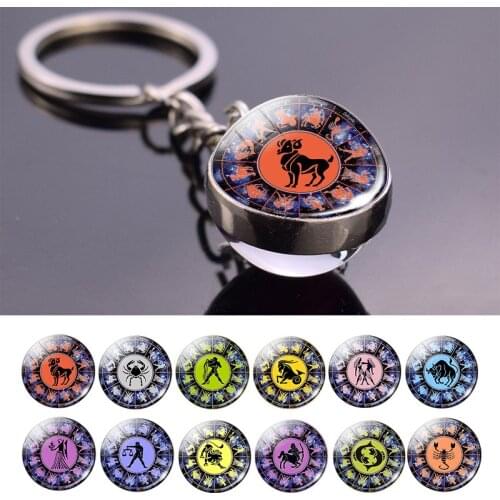Aries Taurus Gemini Leo 12 Constellation Keychain Glass Ball Pendant Zodiac Sign Keychain Car Key Rings Couples Gifts
