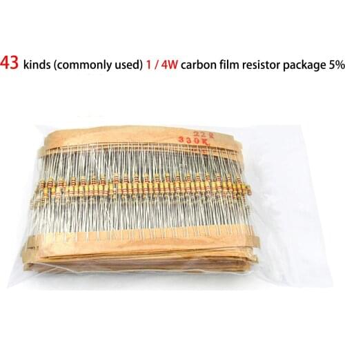 860pcs/lot 43 types Commonly used 1/4W resistors assorted kit Carbon Film resistance set Assortment resistor 5% 1Ω ~ 1M