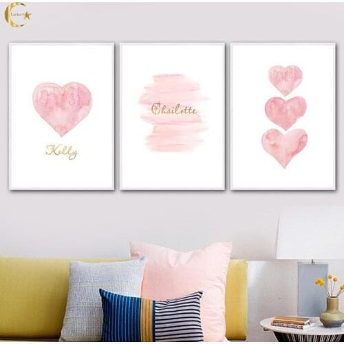 Pink Heart Butterfly Canvas Painting Wall Art Print Custom Name Posters Nordic Nursery Pictures Girl Baby Room Decoration