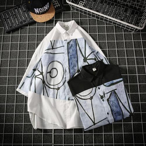 Oversize Black/white Shirt for Men Printed Graffiti Stitching Chinese Style Sunscreen Tops Half Sleeve Loose Shirts Male Clothes