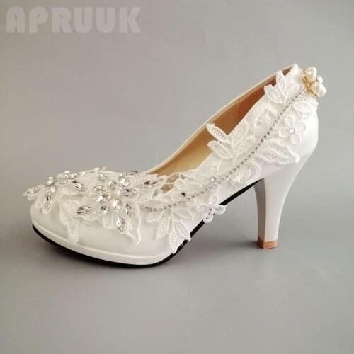 9CM high heeled platforms crystal lace pumps shoes bride female women plus size 41 42 handmade luxury party wedding shoes