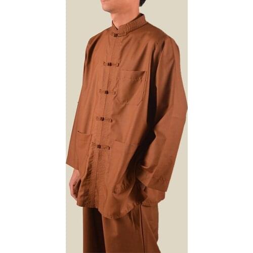 High quality brown Buddhism cultivating clothes lay meditation suits zen martial arts uniforms monks clothing male men