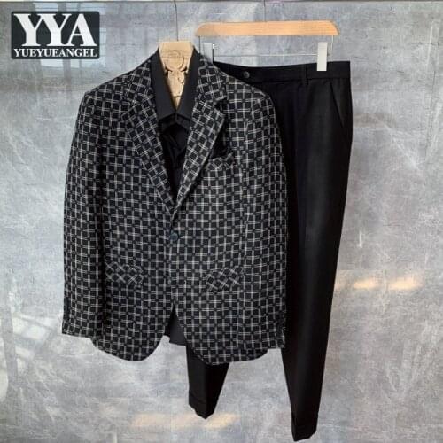 High Quality Men Plaid Cotton Linen Blazer Jacket Formal Suit Groom Wedding Party Dress Set Business Office Work Two Piece Sets