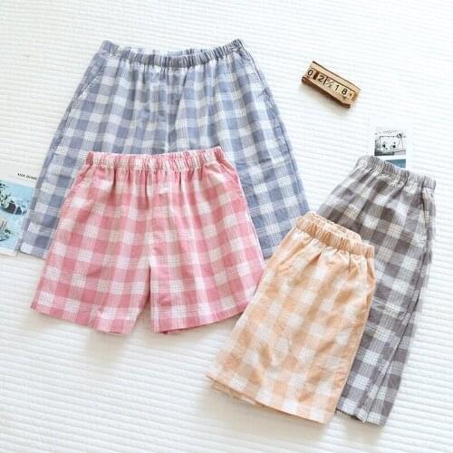 Japanese Summer Washed Cotton Big Plaid Couple Shorts, Simple Cotton Stock Home 3-quarter Pants, Thin Pajama Shorts Lounge Wear