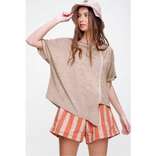 Womens Beige Asymmetric Cut Back Flush T-Shirt Casual Modern design Good Quality Modern FASHION Casual Cotton Elegant Natural Material