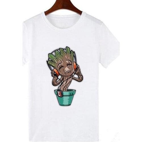 Listen To Music Baby Groot Potting Printed Female T-shirt Summer Fashion Short Sleeve Unisex T-shirt Tumblr Graphic Tee