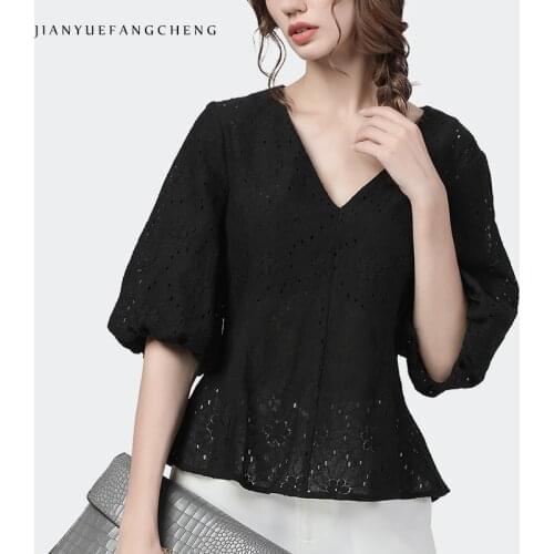 100% Cotton Womens Puff Sleeve Lace Tunic Shirt Black V-Neck Hollow Out Tops Plus Size Elegant Ladies Blouses 2021 Summer New