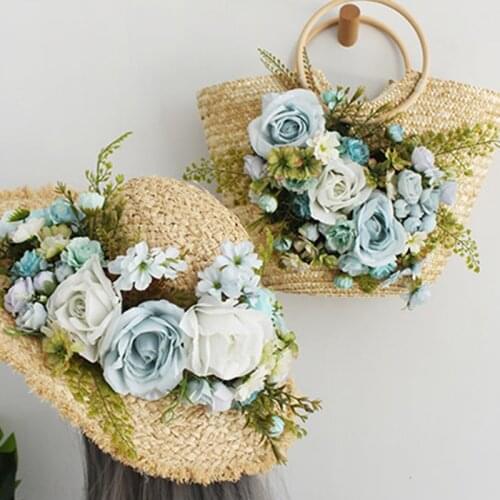 2021 Big Flower Woman Handbag Beach Seaside Rose Straw Shoulder Bag Simple Fashion Bag Hat Set Shopper Bag Large Capacity Tote