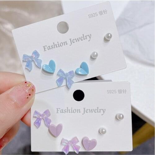 QiLuxy 3Pcs/Set Resin Heart Bow Pearl Flower Stud Earrings Set for Women Girl Fashion Cute Earrings Jewelry Gifts