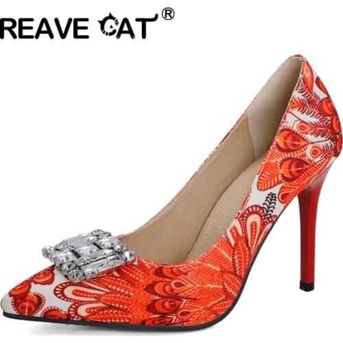 REAVE CAT New 2021 Women Pumps Pointed Toe 10cm Thin Heels Crystal Bling Slip-On Multi Colors Stylish Printed Big Size 48 A3722