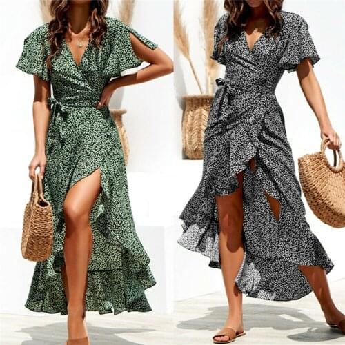 Women Polka Dot Dress Summer Boho Long Dress Ladies Flare Sleeve High Waist Lace-up Sundress Ruffle V-Neck Irregular Women Dress
