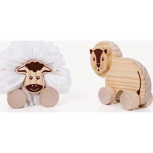 Wooden Building Blocks Toys Baby Mini Animal Lion Sheep Hand-pushing Toy Cart Vehicle Children Toys 1 Set Kids Toy
