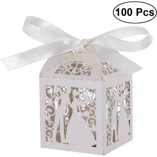 100pcs Couple Design Luxury Lase Cut Wedding Sweets Candy Gift Favour Boxes with Ribbon Table Decorations A20