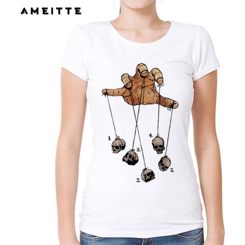 2019 AMEITTE Funny The Five Dancing Skulls T Shirt Summer Novelty Harajuku Geek Tees For Women White Print O-Neck t-shirt Tops
