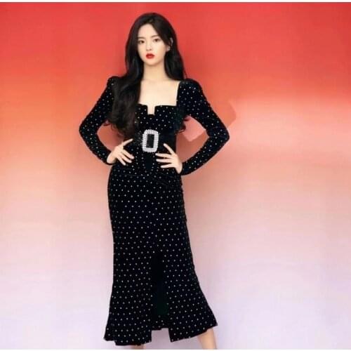Velvet Dresses for Women Black Square Collar Sexy Backless Hem Split Belted Shining Diamonds Robes Vestidos Party Holiday Korean