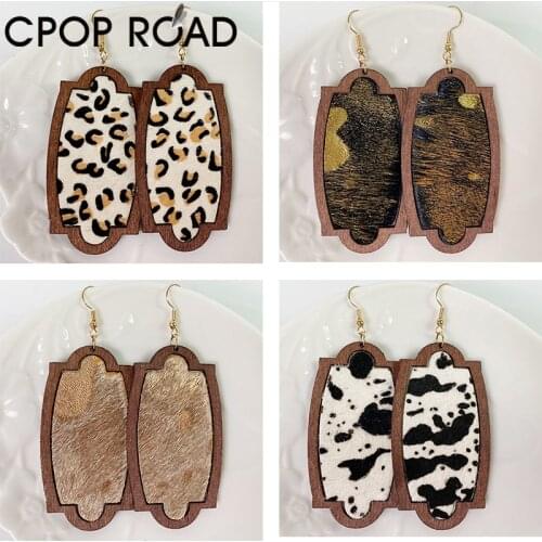 Cpop Wood Genuine Leather Earrings Horse Hair Golden Point Leopard Cow Color Wood Pendant Dangle Earrings Texture Jewelry Gift