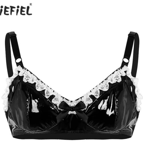 IEFiEL Gay Fetish Mens Bra Black Sexy Lingerie Wetlook Faux Leather Bra Top Spaghetti Straps Erotic Fashion Lace Wire-free Bra