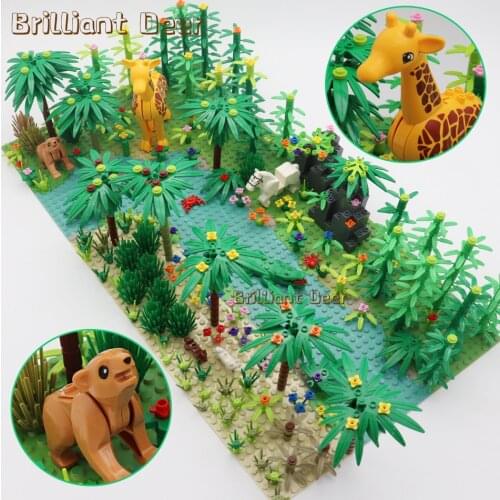 Creative DIY Jungle World with Tree Grass Plants Wild Animals Dinosaur Educational MOC Building Blocks Bricks Toys For Children